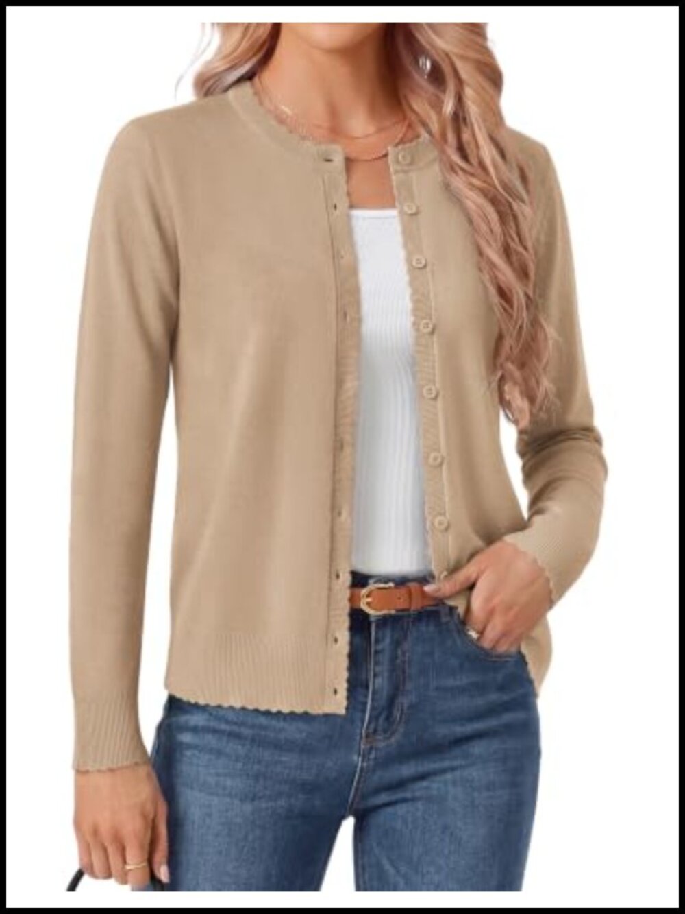 Lightweight Scalloped Button Front Cardigan Crew Neck Long Sleeve Women's